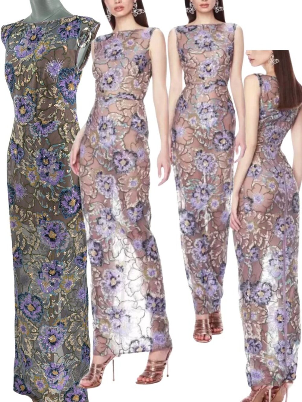 🆕 BRONX & BANCO 🧿 NWOT Violet Floral Sequin Maxi Dress, Purple Sz S US 4